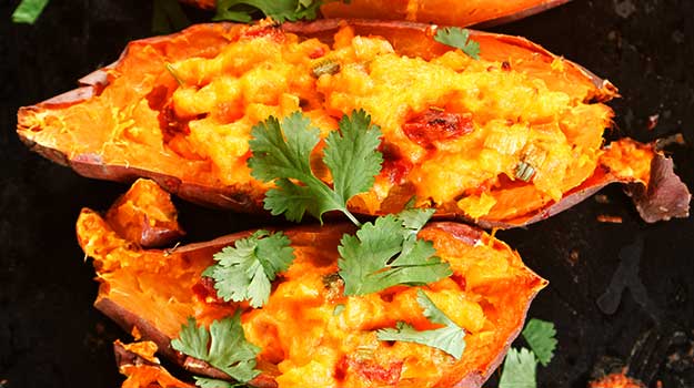 Bacon & Melted Cheese Spicy Sweet Potato Wedges Recipe by Clement Pavie
