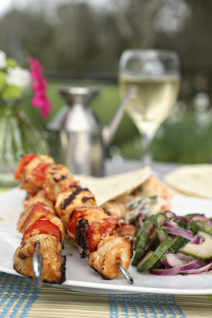 chicken satay sticks with cucumber salad