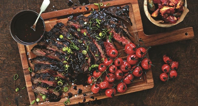 Port-Marinated Skirt Steak With Roasted Grape Tomatoes Recipe by Chef Stuart O'Keeffe