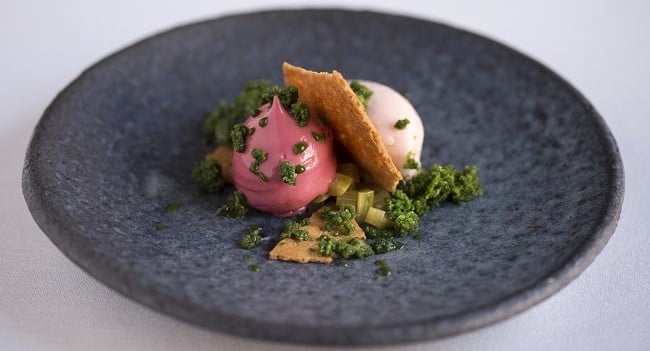 Sukí Red Berry Tea Cake with Rhubarb Sorbet and Iced Sorrel Recipe by Chef Danni Barry