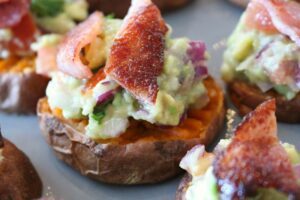 Smashed Sweet Potato, Guacamole & Bacon Bites Recipe by The Wonky Spatula