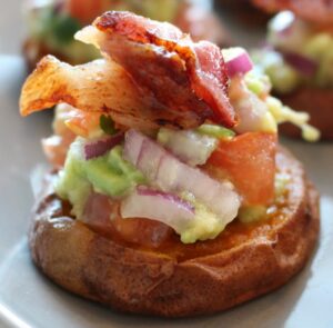 Smashed Sweet Potato, Guacamole & Bacon Bites Recipe by The Wonky Spatula
