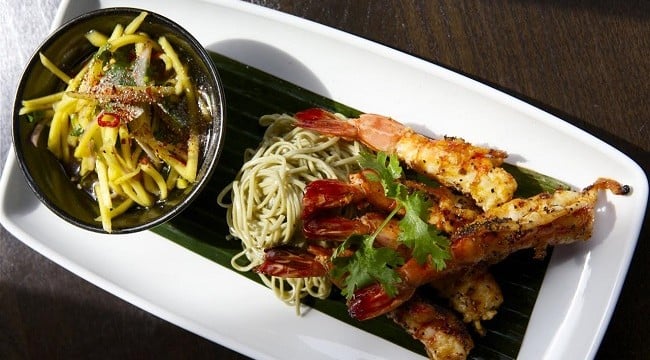 tiger prawns with green tea noodles