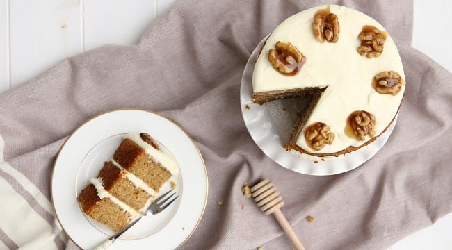 Roasted Butternut Squash Cake Recipe with Goats Cheese Icing and Honeyed Walnuts by Cove Cake Design