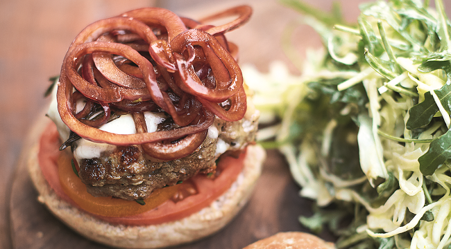 Italian Super-food Burgers, Balsamic Onions, Mozzerella & Slaw Jamie Oliver Enterprises Limited (2016 Super Food Family Classics) Photographer: Jamie Oliver