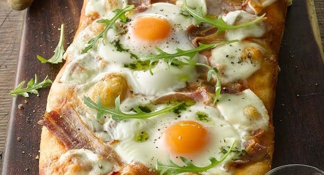 Bacon and Egg Pizza with Basil Oil