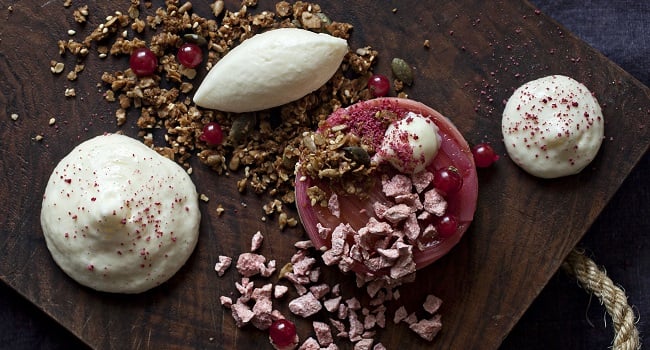 Rhubarb and Redcurrant Terrine with Goat Cheese Ice Cream Recipe by Peter Clifford