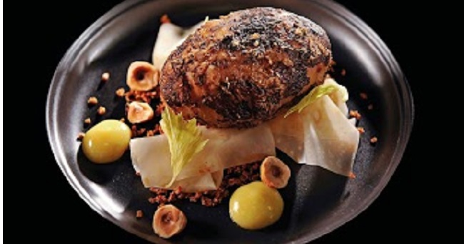 Celeriac baked in barley and fermented hay, hazelnut, raw celeriac juice, smoked tea by Chef Mark Moriarty