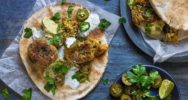 FALAFEL WITH CREAMY GARLIC SAUCE & AVOCADO HUMMUS RECIPE