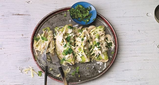 Green Chicken Enchiladas Recipe by Leslie Tallez