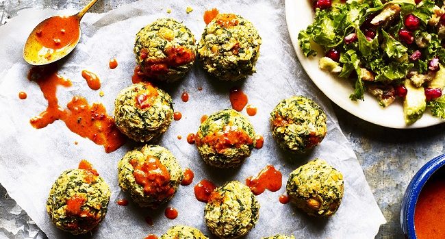Spinach Falafels with Coconut Harissa Sauce and Zingy Kale Salad Recipe from Mindful Chef