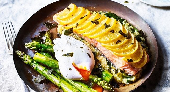 Baked Salmon with Crispy Seaweed, Poached Egg and Asparagus Recipe from the Mindful Chef