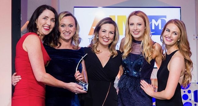 Alex Murphy, Freya Ivory,Niamh O’Shaugnessy and Jessica Powell from BFree Foods Being Presented with Best International Marketing Award at the All Ireland Marketing Awards 11th May. BFree Foods