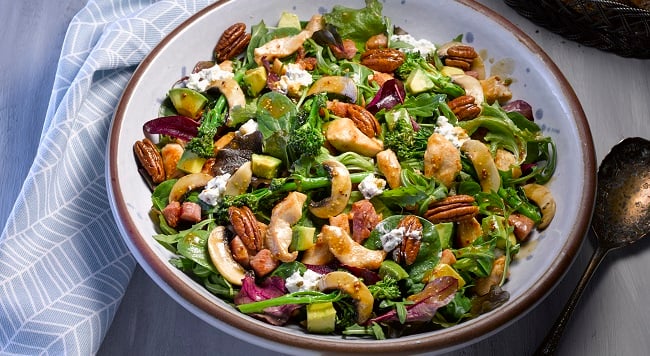 Chicken and Bacon Salad Recipe with Roasted Broccoli and Mushrooms