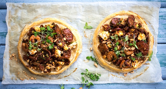 Mediterranean Prawn, Chorizo and Feta Tarts Recipe by Sharon Hearne-Smith Photo by Andrea Flanagan