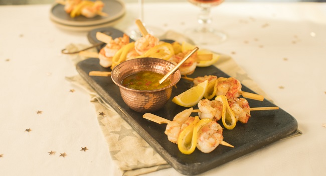 Siúcra & Catherine Fulvio's Mini Prawns Skewers Recipe with Lemon Chilli Dip