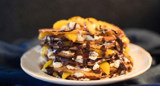Siúcra & Catherine Fulvio's Pancake Stack Recipe with Orange Segments, Chocolate Fudge Sauce and Toasted Hazelnuts