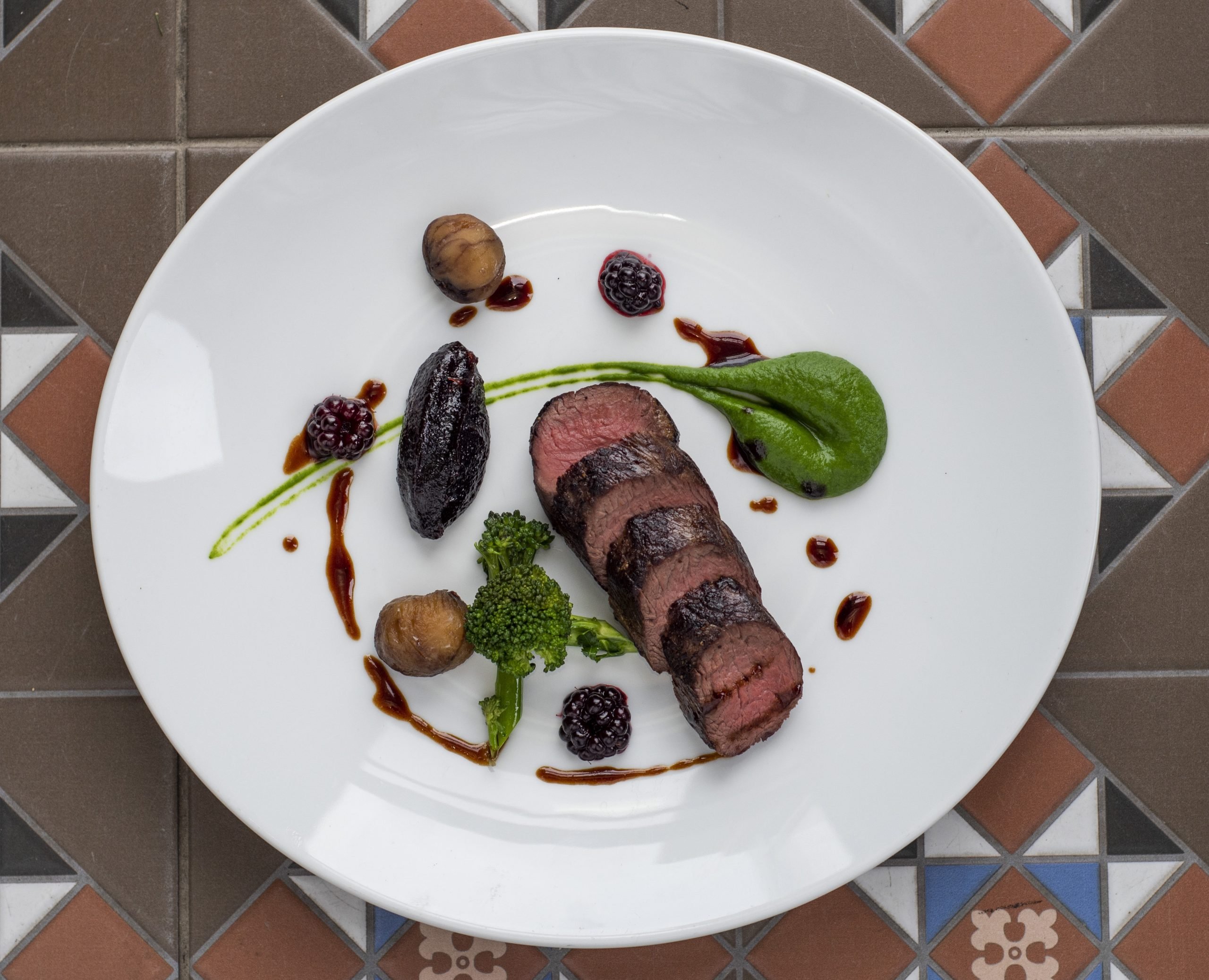 Pink Loin of Wild Irish Venison, Candied Chestnuts, Tender Stem Broccoli & Puree, Blackberry