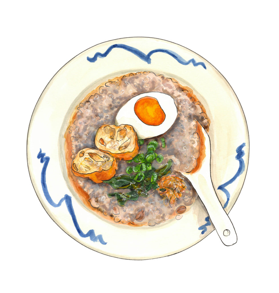 Huo ji zhou (Chinese turkey congee with dried shrimp)_illustration by Nicky Hooperblasta books