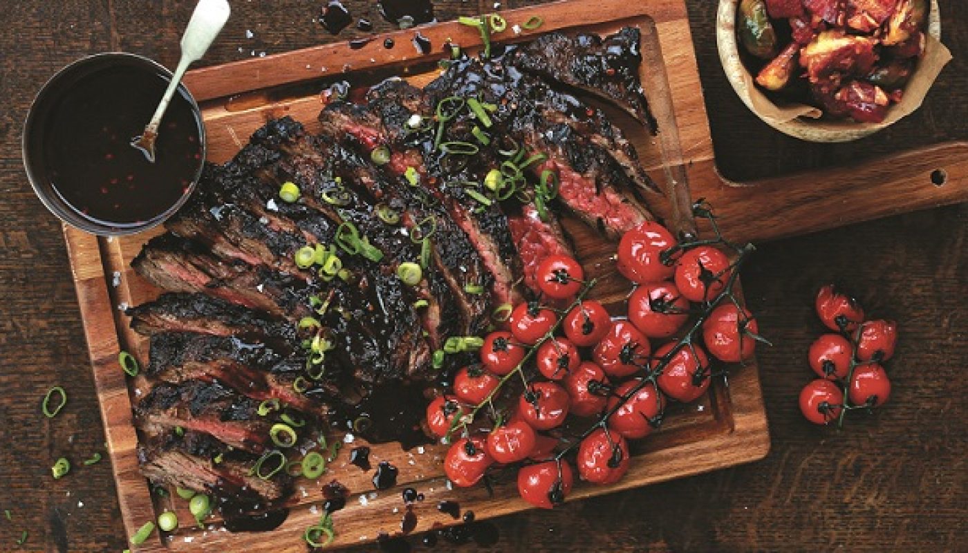 Port-Marinated Skirt Steak With Roasted Grape Tomatoes Recipe by Chef Stuart O'Keeffe