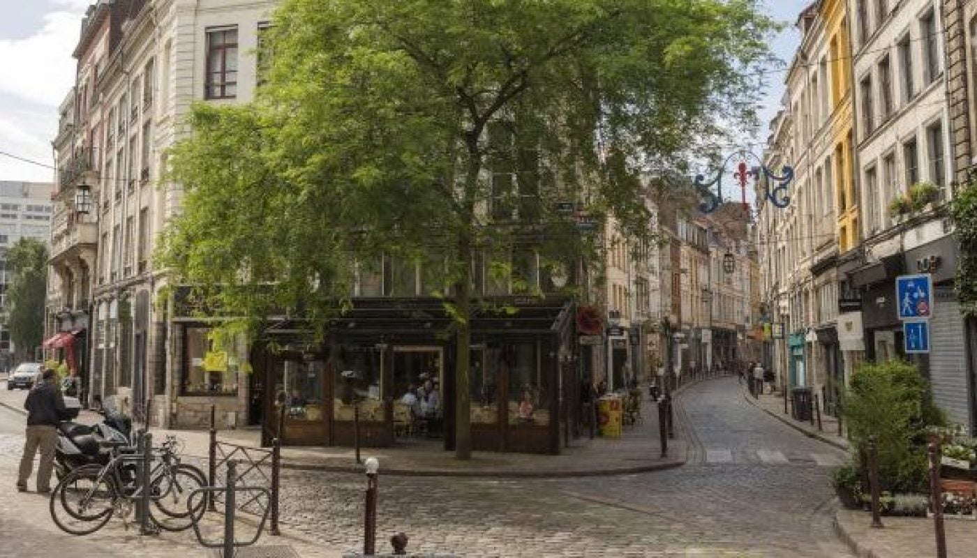 Traditional old buildings by street at lille france