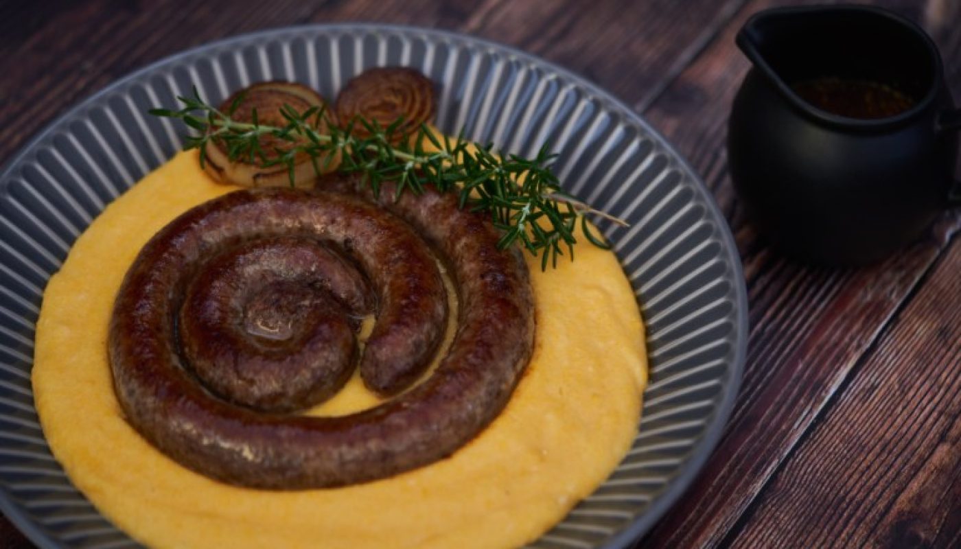 Africa-Boerewors-Parmesan-polenta-charred-onion-mustard-gravy-1