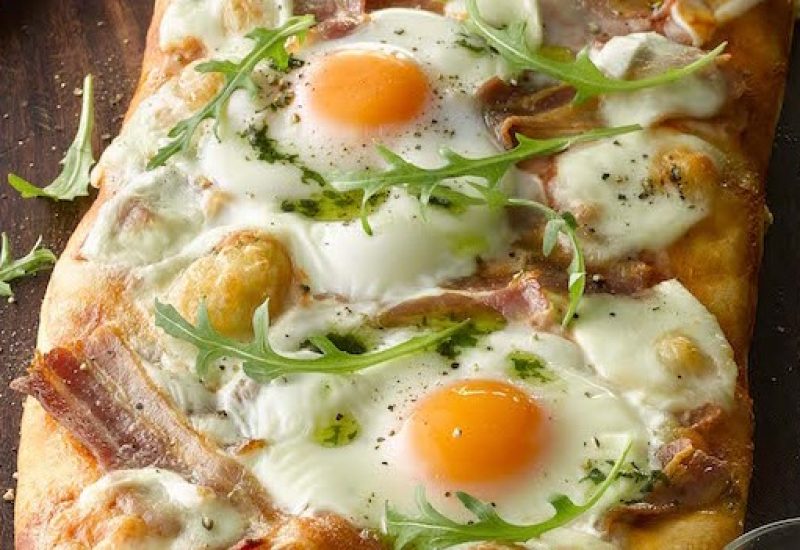 Bacon and Egg Pizza with Basil Oil
