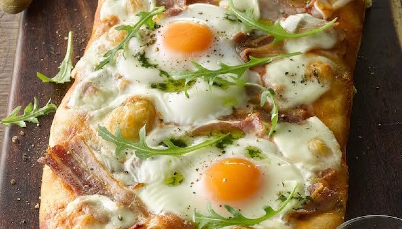 Bacon and Egg Pizza with Basil Oil