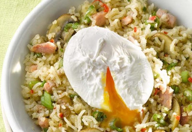 bacon-and-mushroom-fried-rice-with-poached-eggs