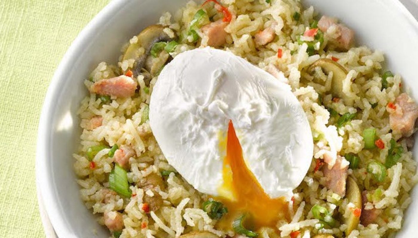 bacon-and-mushroom-fried-rice-with-poached-eggs