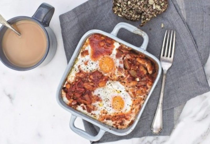 Baked beans with chorizo, egg and feta