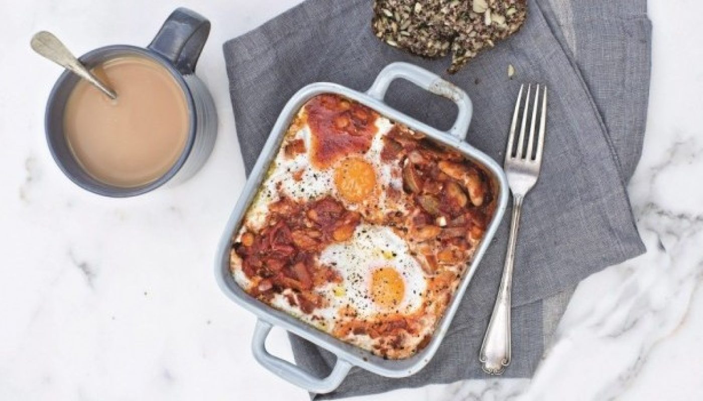 Baked beans with chorizo, egg and feta
