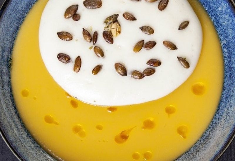 Butternut Squash Soup with Parsnip Cream, Candied Pumpkin Seeds and Spiced Oil Recipe by Chef Igor Cikarev at The Gibson Hotel