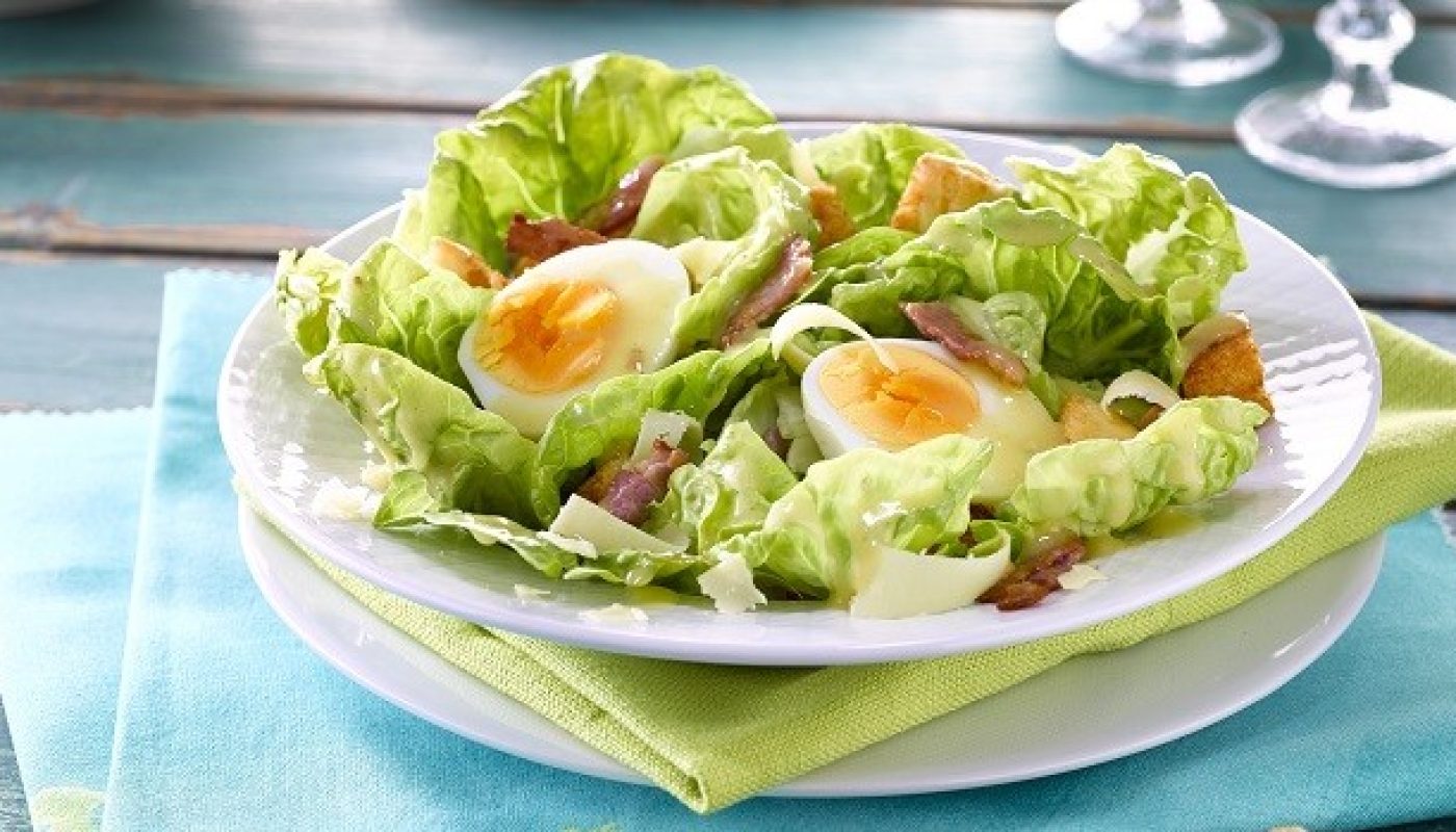 Caesar Salad with Soft Boiled Eggs and Bacon