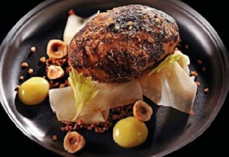 Celeriac baked in barley and fermented hay, hazelnut, raw celeriac juice, smoked tea by Chef Mark Moriarty