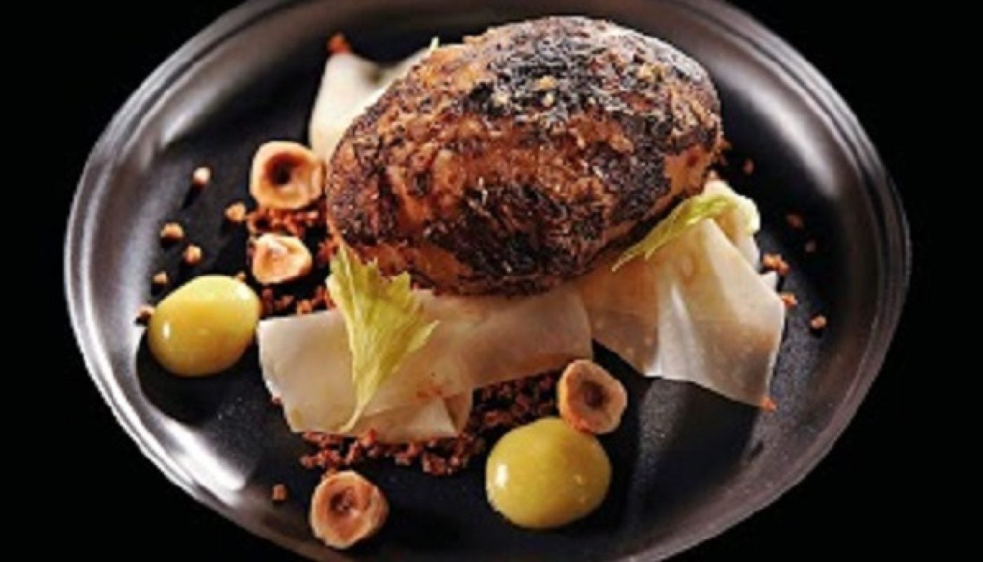 Celeriac baked in barley and fermented hay, hazelnut, raw celeriac juice, smoked tea by Chef Mark Moriarty