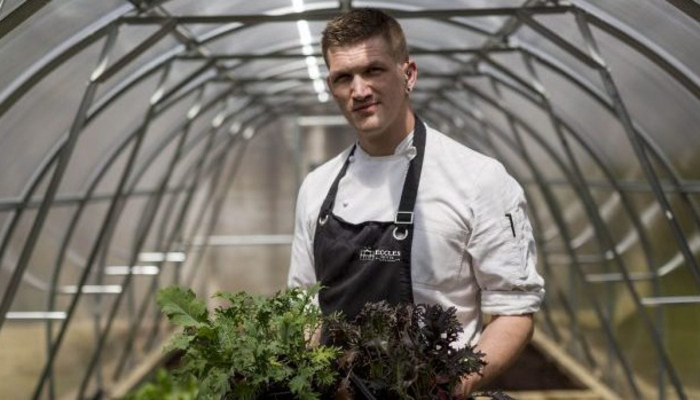 Chef Eddie Atwell in polytunnel