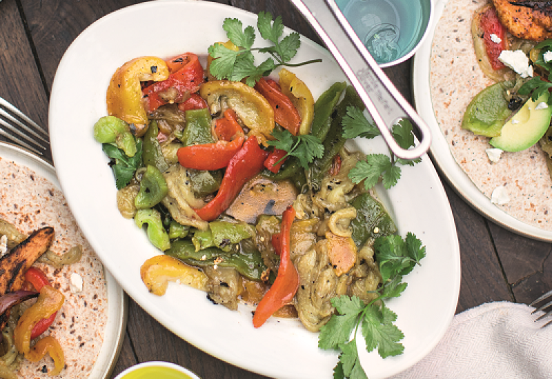 Chicken Fajitas, Smoky Dressed Aubergines & Peppers ⓒ Jamie Oliver Enterprises Limited (2016 Super Food Family Classics) Photographer: Jamie Oliver