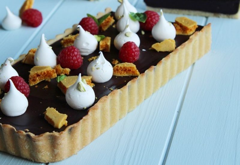 Dark Chocolate Tart with Honeycomb and Pistachio Meringues by Chef Shane Smith