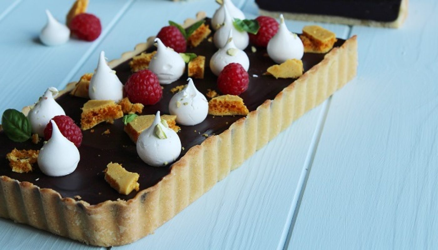 Dark Chocolate Tart with Honeycomb and Pistachio Meringues by Chef Shane Smith