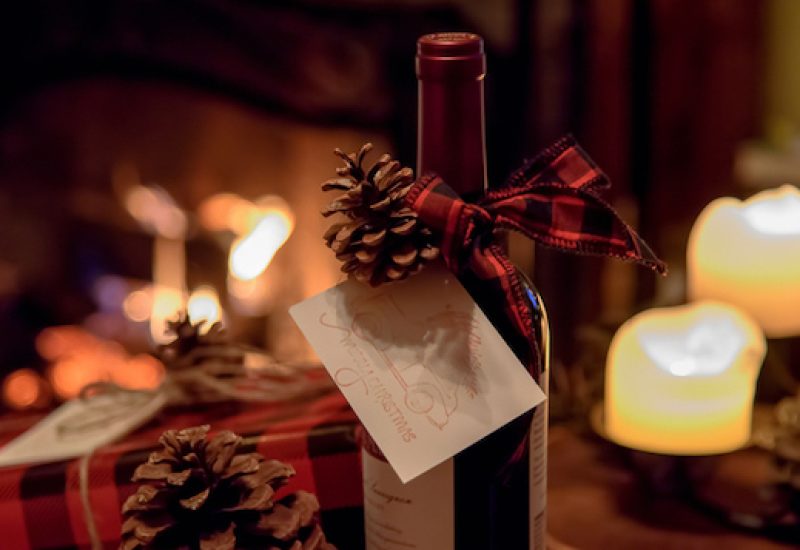 Wine bottle gifts and cozy fireplace
