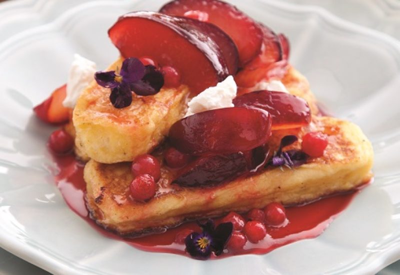 French Toast with Rose Petal Syrup, Plums and Goat’s Cheese Recipe by Catherine Fulvio