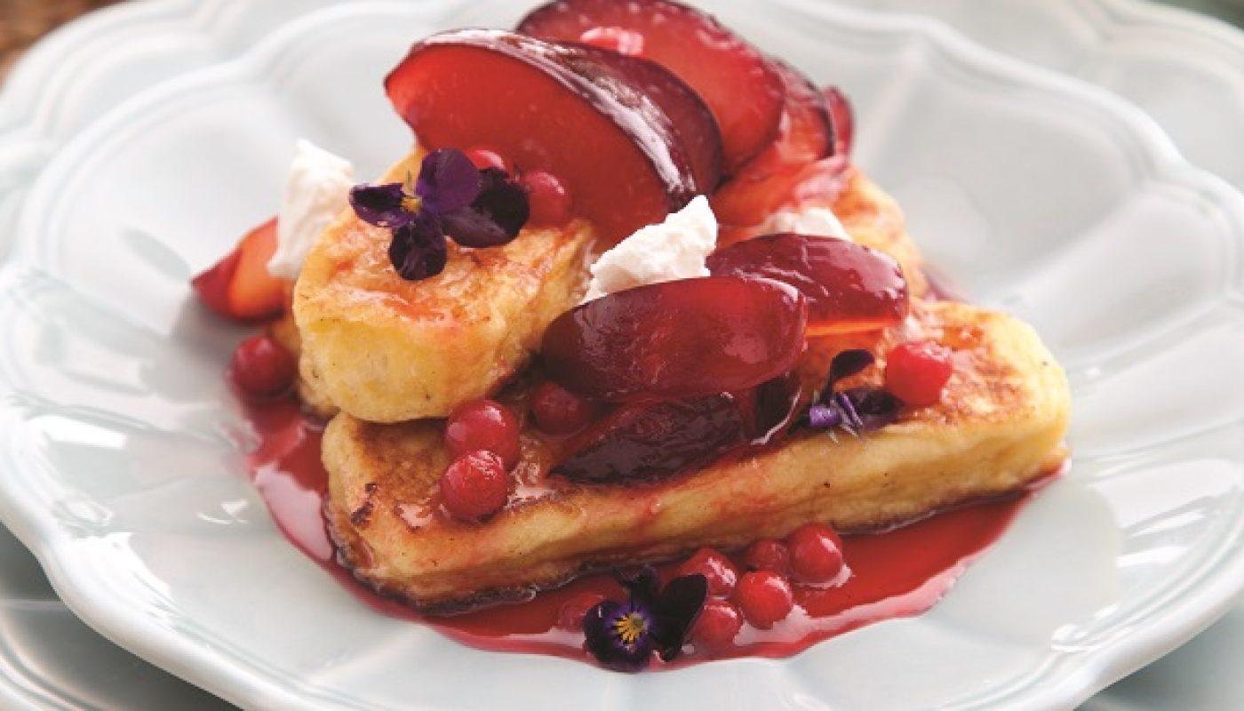 French Toast with Rose Petal Syrup, Plums and Goat’s Cheese Recipe by Catherine Fulvio