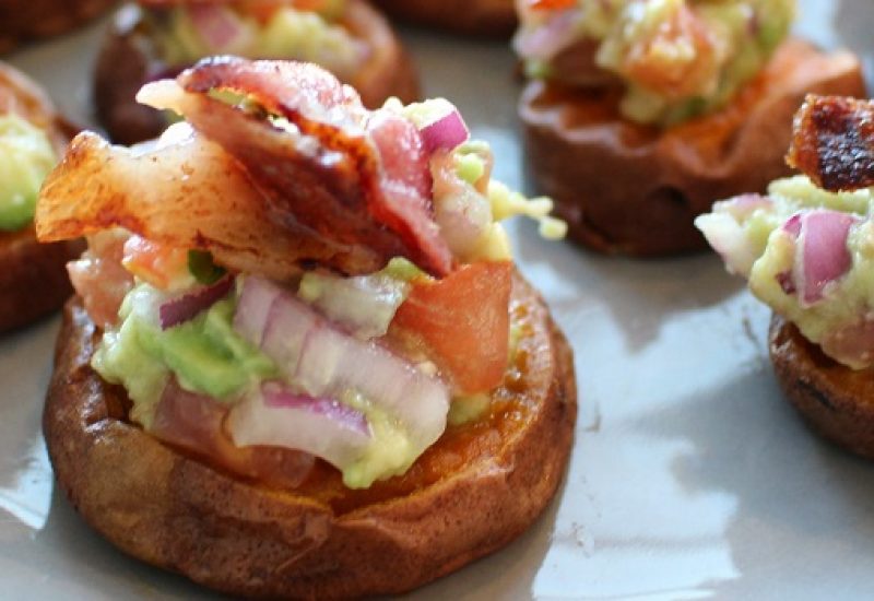 Smashed Sweet Potato, Guacamole & Bacon Bites Recipe by The Wonky Spatula