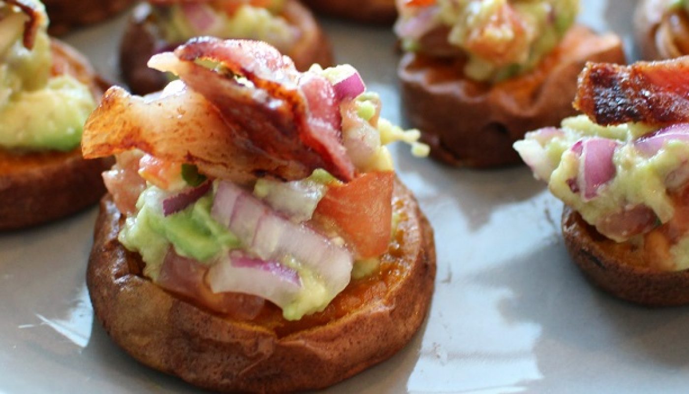 Smashed Sweet Potato, Guacamole & Bacon Bites Recipe by The Wonky Spatula