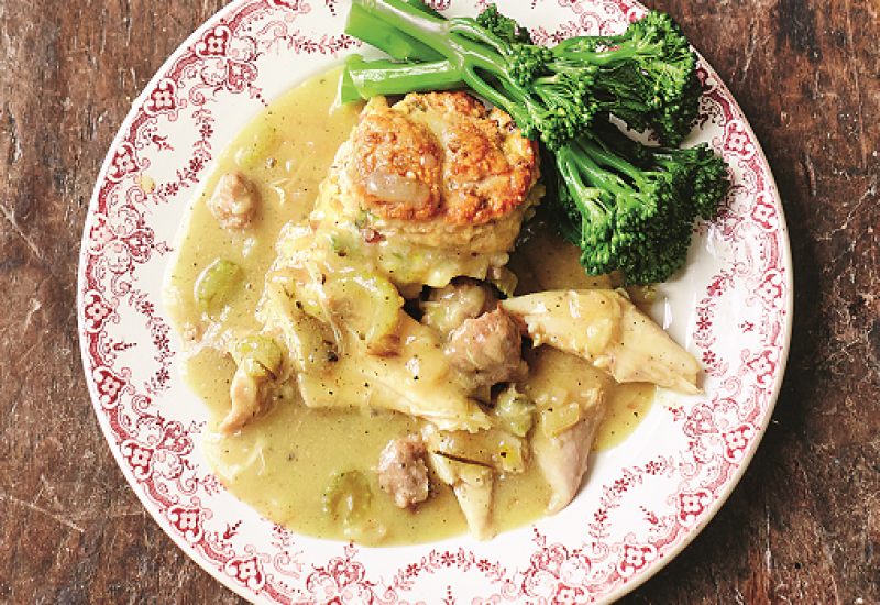 cosy cooking Turkey Stew, Sweet Leek & Smoky Bacon Biscuit Dumplings Recipe by Jamie Oliver