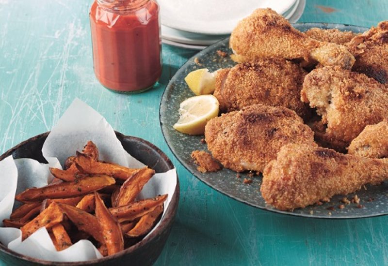 Crisp-Baked Chicken Recipe with Sweet Potato Wedges by Lizzie King