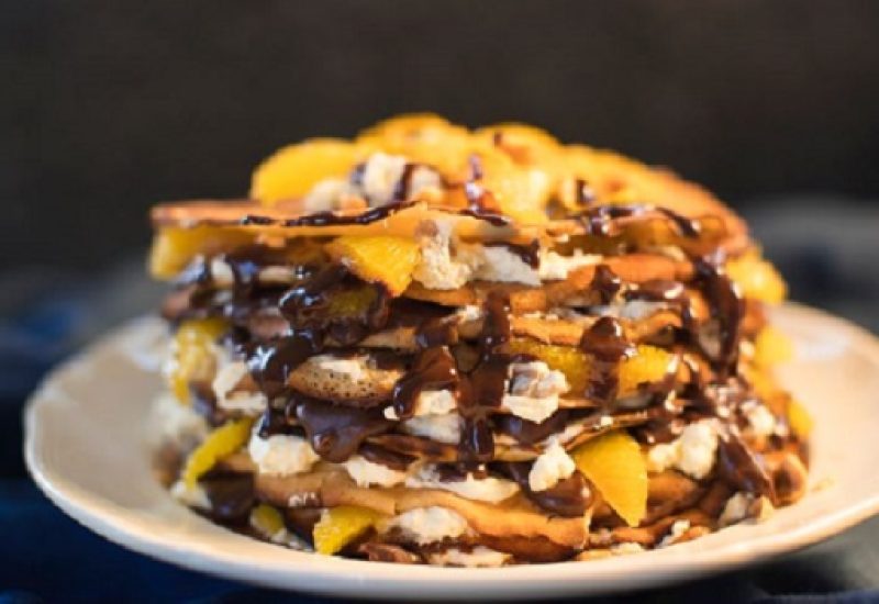 Siúcra & Catherine Fulvio's Pancake Stack Recipe with Orange Segments, Chocolate Fudge Sauce and Toasted Hazelnuts