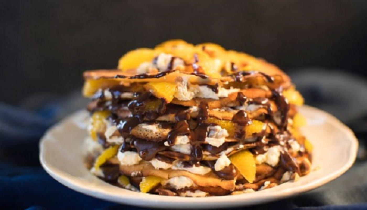 Siúcra & Catherine Fulvio's Pancake Stack Recipe with Orange Segments, Chocolate Fudge Sauce and Toasted Hazelnuts