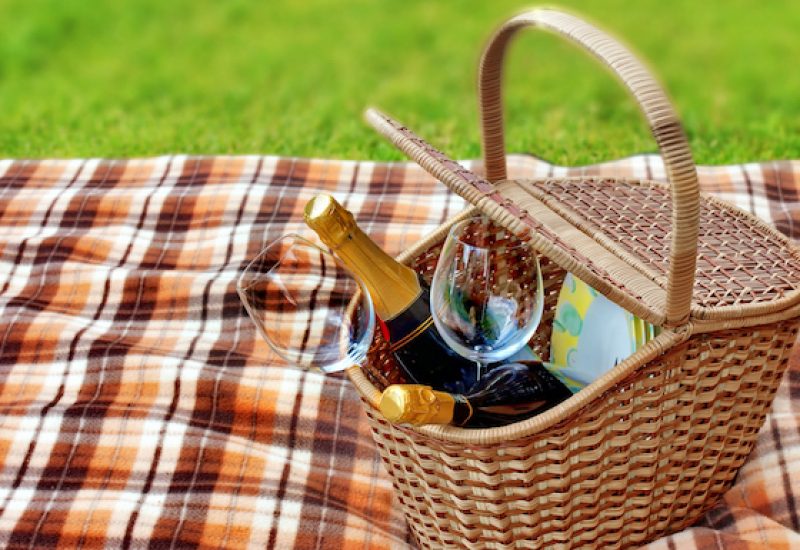 Picnic blanket and basket in the grass